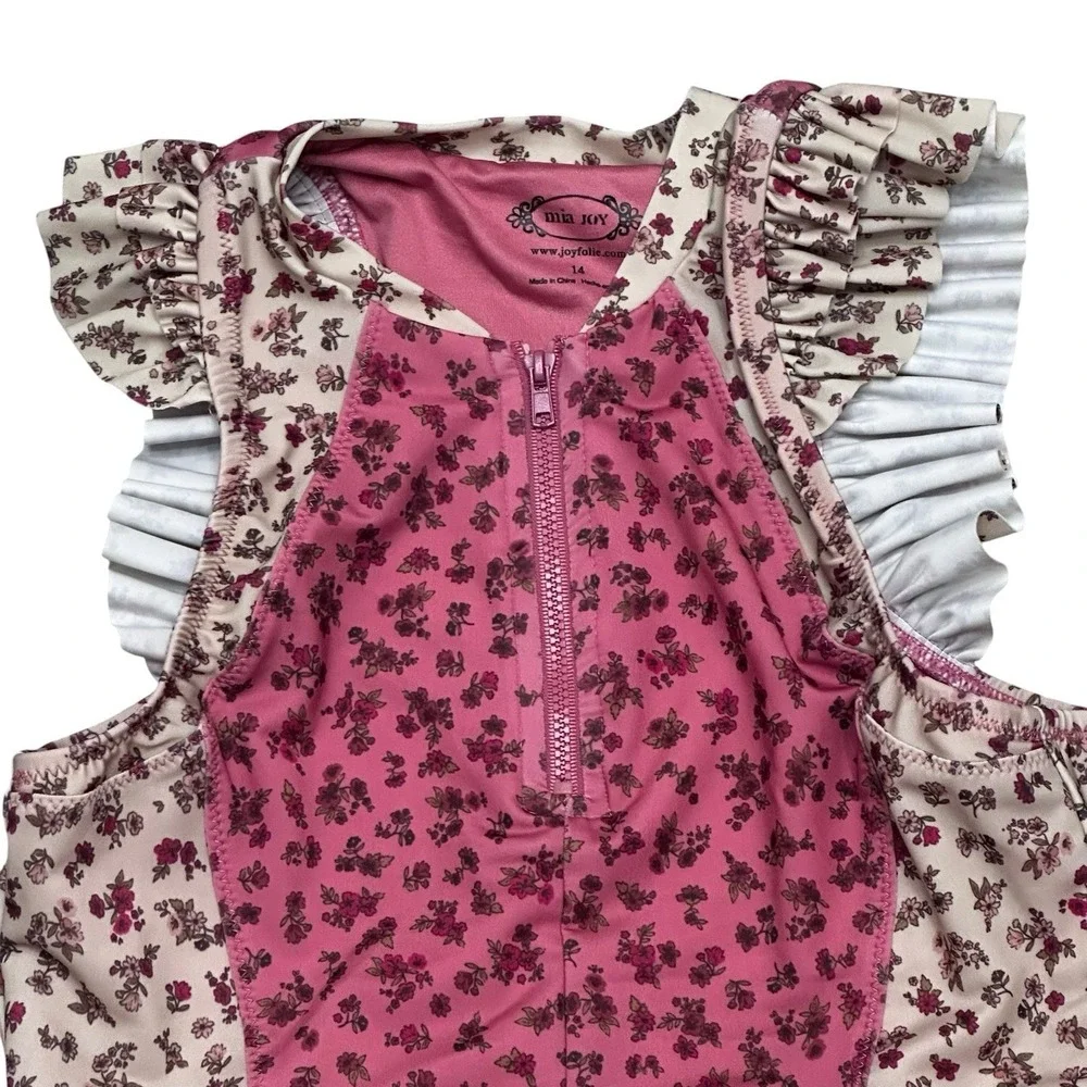 Mia Joy‎ Joyfolie Swim Rashguard Swimsuit Girls Pink Ruffle Size 14 Floral